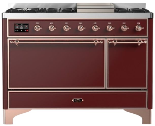 Ilve® Majestic III 48" Burgundy Pro Style Dual Fuel Natural Gas Range with Solid Door and Copper Trim-0