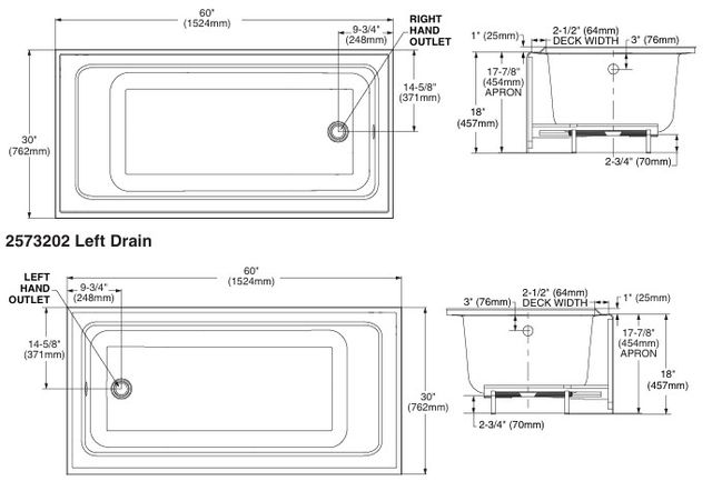 American Standard Studio® White 60” x 30” Integral Apron Bathtub Above Floor Rough with Right-Hand Outlet-3