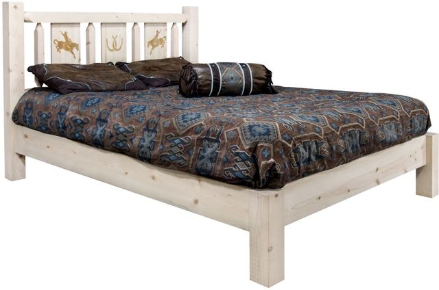 Montana Woodworks® Homestead Clear Lacquer Queen Platform Bed with Laser Engraved Bronc Design-0