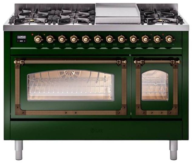 Ilve® Nostalgie II Noblesse 48'' Emerald Green Pro Style Dual Fuel Range with Burnished Trim-0