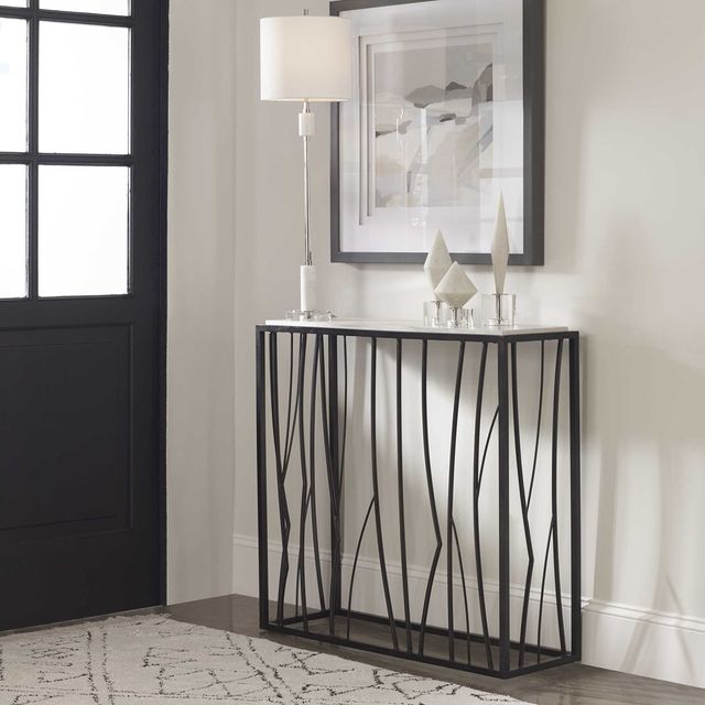 Uttermost® Reed Ivory Travertine Top Console Table with Dark Iron Base-1