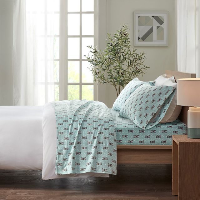 Olliix by True North by Sleep Philosophy Aqua French Bulldog California King Cozy 100% Cotton Flannel Printed Sheet Set-3
