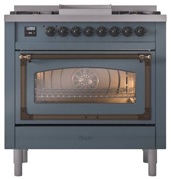 Ilve® Nostalgie II Noblesse 36'' Blue Gray Pro Style Dual Fuel Range with Burnished Trim-1