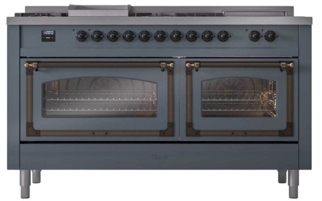 Ilve® Nostalgie II Noblesse 60'' Blue Gray Pro Style Dual Fuel Range with Burnished Trim-2