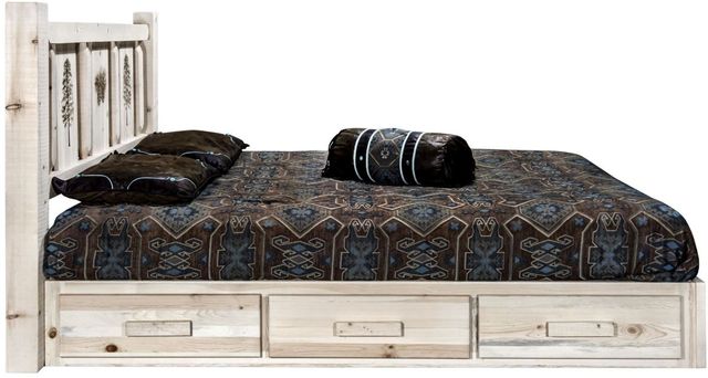 Montana Woodworks® Homestead Clear Lacquer King Platform Storage Bed with Laser Engraved Pine Design-3