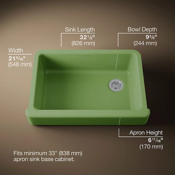 KOHLER® Whitehaven® Fresh Green 33" Undermount Single-Bowl Farmhouse Kitchen Sink with Short Apron-2