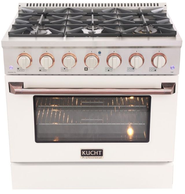Kucht Professional KDF Series 36" Stainless Steel Pro Style Dual Fuel Range with White Door and Rose Gold Handle-0