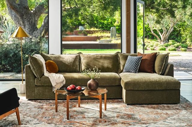 Front view of a mid-century modern living room with a Joybird sofa