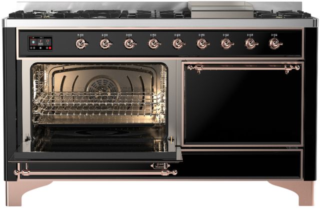 Ilve® Majestic III 60" Glossy Black Pro Style Dual Fuel Liquid Propane Range with Solid Door and Copper Trim-3