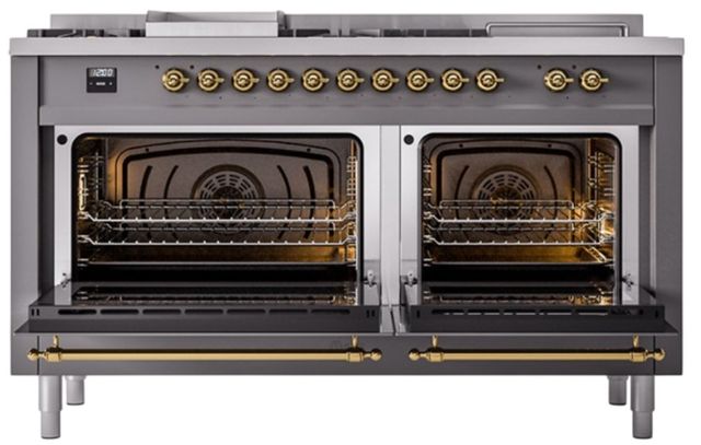 Ilve® Nostalgie II Noblesse 60'' Graphite Matte Pro Style Dual Fuel Range with Brass Trim-2
