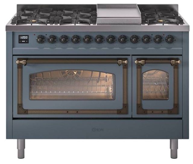 Ilve® Nostalgie II Noblesse 48'' Blue Gray Pro Style Dual Fuel Range with Burnished Trim-0