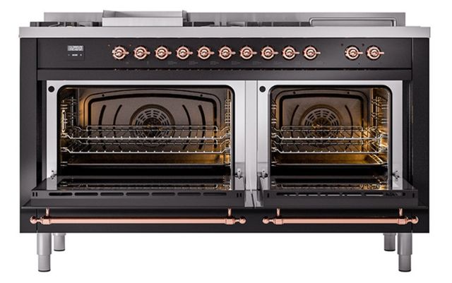 Ilve® Nostalgie II Noblesse 60'' Glossy Black Pro Style Dual Fuel Range with Copper Trim-2