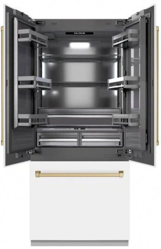 ZLINE Autograph Edition 36" 19.6 Cu. Ft. White Matte Built In French Door Refrigerator with Champagne Bronze Accents-1