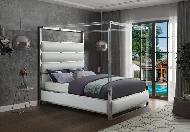Meridian Furniture Encore White Queen Vegan Leather Upholstered Canopy Bed-3