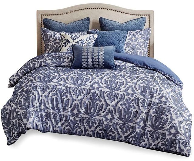Olliix by Madison Park Signature Maison Blue King/California King Cotton Clip Jacquard Damask Comforter Set-0
