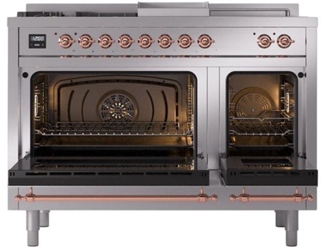 Ilve® Nostalgie II Noblesse 48'' Stainless Steel Pro Style Dual Fuel Range with Copper Trim-1