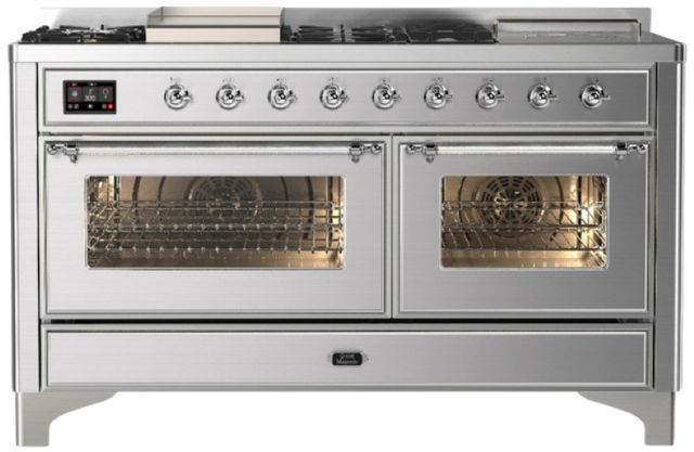 Ilve® Majestic III 60" Stainless Steel Pro Style Dual Fuel Natural Gas Range with French Top and Chrome Trim-0