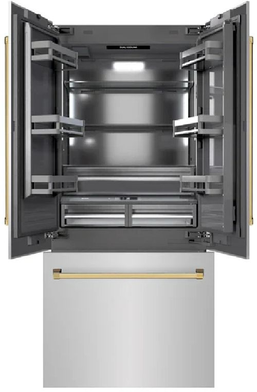 ZLINE Autograph Edition 36" 19.6 Cu. Ft. Stainless Steel Built-In Bottom Freezer Refrigerator with Graphite Gray Interior and Polished Gold Accents-1