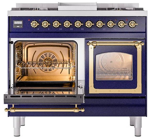 Ilve® Nostalgie II Noblesse 40'' Midnight Blue Pro Style Dual Fuel Range with Brass Trim-3