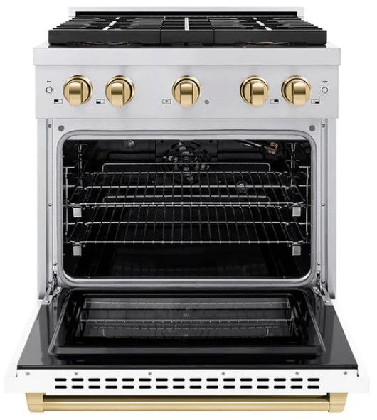ZLINE Autograph Edition Paramount 30" 4.2 Cu. Ft. Stainless Steel Gas Range with 4 Burner DuoPro™ Cooktop, Convection Gas Oven, White Matte Door and Polished Gold Accents-1