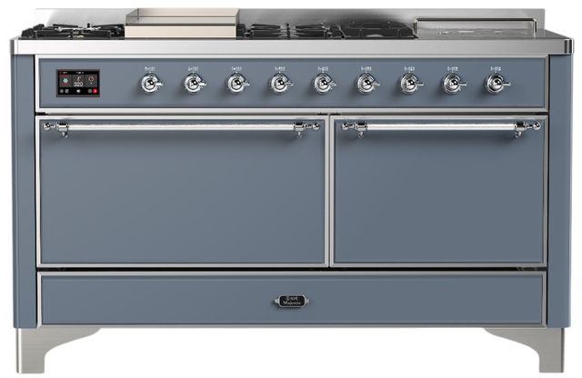 Ilve® Majestic III 60" Blue Gray Pro Style Dual Fuel Liquid Propane Range with Griddle and Chrome Trim-0
