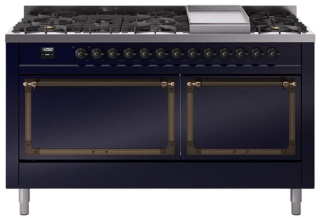 Ilve® Nostalgie II Noblesse 60'' Midnight Blue Pro Style Dual Fuel Range with Burnished Trim-0