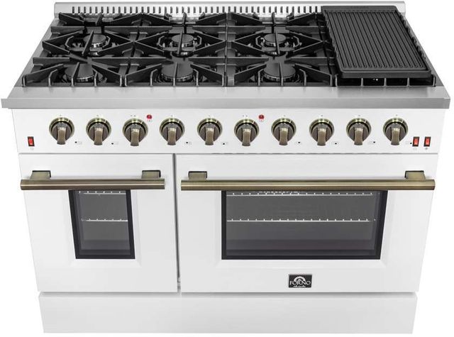 FORNO® Galiano 48" Stainless Steel Pro Style Gas Range with White Door and Antique Brass Accents-1