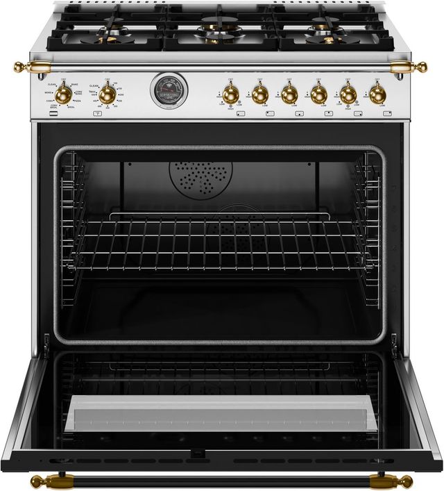 Bertazzoni Heritage Series 36" Fingerprint Resistant Stainless Steel Pro Style Dual Fuel Range with Gold Accents-1