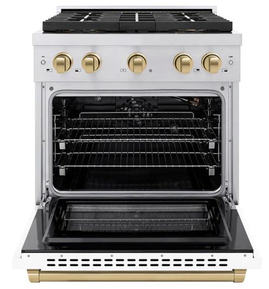 ZLINE Autograph Edition Paramount 30" 4.2 Cu. Ft. Stainless Steel Gas Range with 4 Burner DuoPro™ Cooktop, Convection Gas Oven, White Matte Door and Champagne Bronze Accents-1