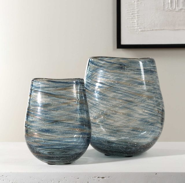 Uttermost® Aurora 2-Piece Blue/Gold Swirl Glass Vase Set-1
