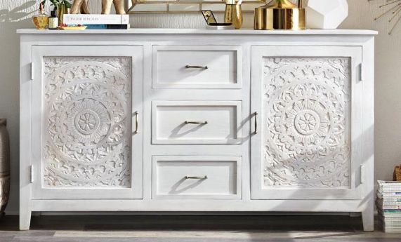 Jaipur Furniture Carved Lace White Wash 2-Door Sideboard-1