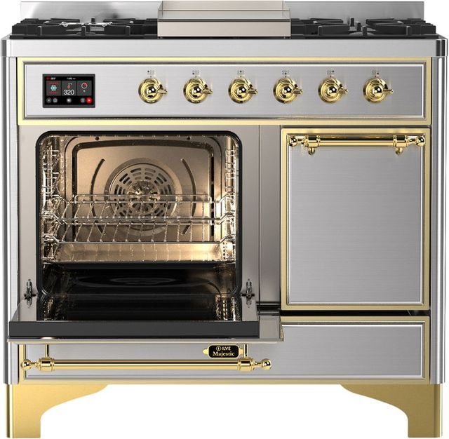 Ilve® Majestic III 40" Stainless Steel Pro Style Dual Fuel Natural Gas Range with Solid Door and Brass Trim-2