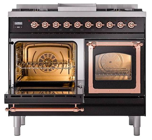 Ilve® Nostalgie II Noblesse 40'' Glossy Black Pro Style Dual Fuel Range with Copper Trim-3