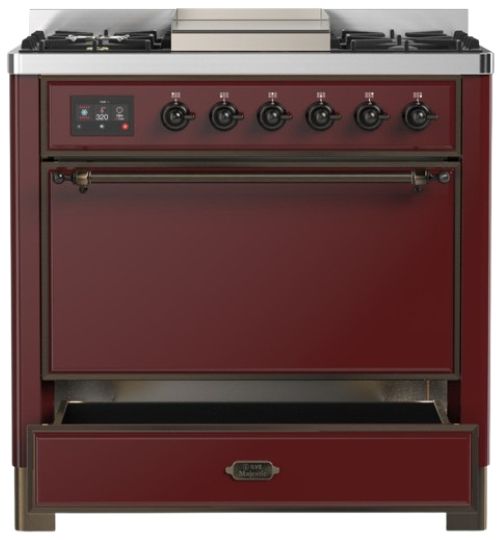 Ilve® Majestic III 36" Burgundy Pro Style Dual Fuel Natural Gas Range with Solid Door and Burnished Trim-2