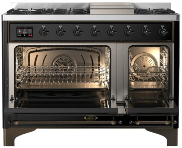 Ilve® Majestic III 48" Glossy Black Pro Style Dual Fuel Natural Gas Range with Solid Door and Burnished Trim-1
