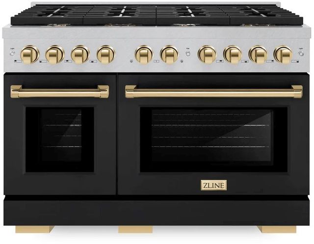 ZLINE Autograph Edition Paramount 48" Satin Stainless Steel Pro Style Dual Fuel Range with Black Matte Door and Polished Gold Accents-0