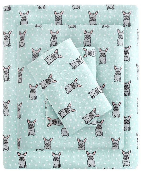 Olliix by True North by Sleep Philosophy Aqua French Bulldog Full Cozy 100% Cotton Flannel Printed Sheet Set-0