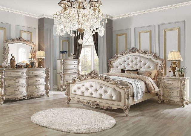 ACME Furniture Gorsedd Golden Ivory/White Eastern King Upholstered Panel Bed-1