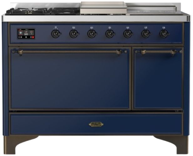 Ilve® Majestic III 48" Midnight Blue Pro Style Dual Fuel Liquid Propane Range with French Top and Burnished Trim-0