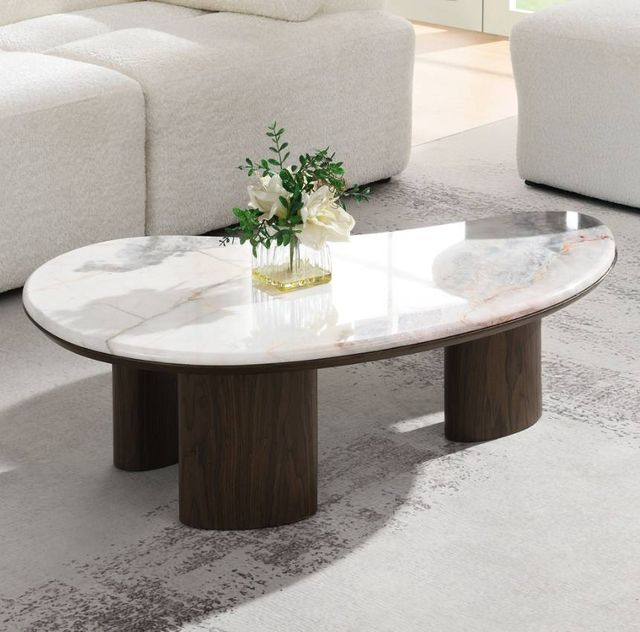 ACME Furniture Hanale Natural Marble Top Coffee Table with Brown Legs-1