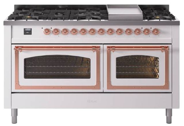 Ilve® Nostalgie II Noblesse 60'' White Pro Style Dual Fuel Range with Copper Trim-0