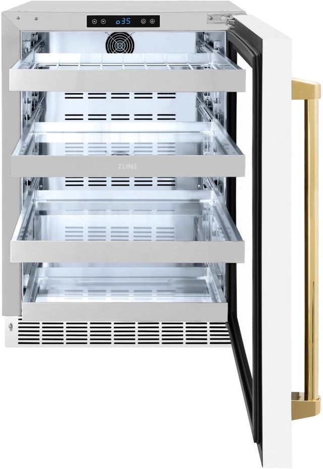 ZLINE Autograph Edition Touchstone 24" 5.2 Cu. Ft. Stainless Steel Beverage Center with White Matte Glass Door and Polished Gold Handle-1