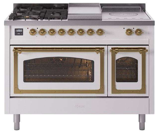 Ilve® Nostalgie II Noblesse 48'' White Pro Style Dual Fuel Range with Brass Trim-0