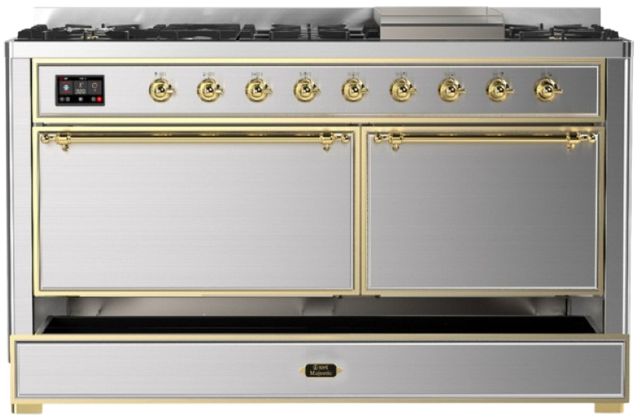 Ilve® Majestic III 60" Stainless Steel Pro Style Dual Fuel Natural Gas Range with Solid Door and Brass Trim-2
