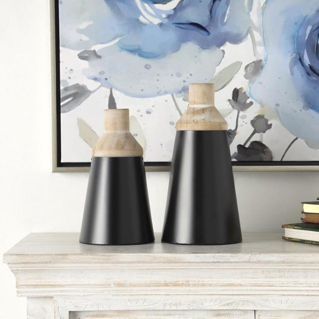 Deco Marche 2-Piece Black Wood Triangular Vase Set-4