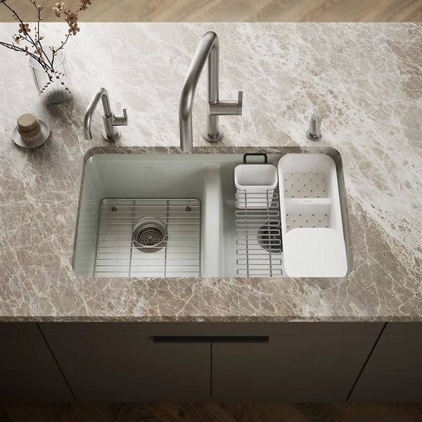 KOHLER® Riverby® Sea Salt 33" Undermount Double-Equal Bowl Workstation Kitchen Sink-1