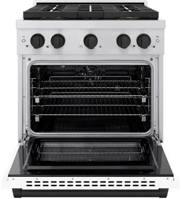 ZLINE Paramount 30" 4.2 cu. ft. Satin Stainless Steel with White Matte Door Paramount Dual Fuel Range with 4 Burner DuoPro™ Cooktop and Electric Convection Oven with Matte Black Accents-1