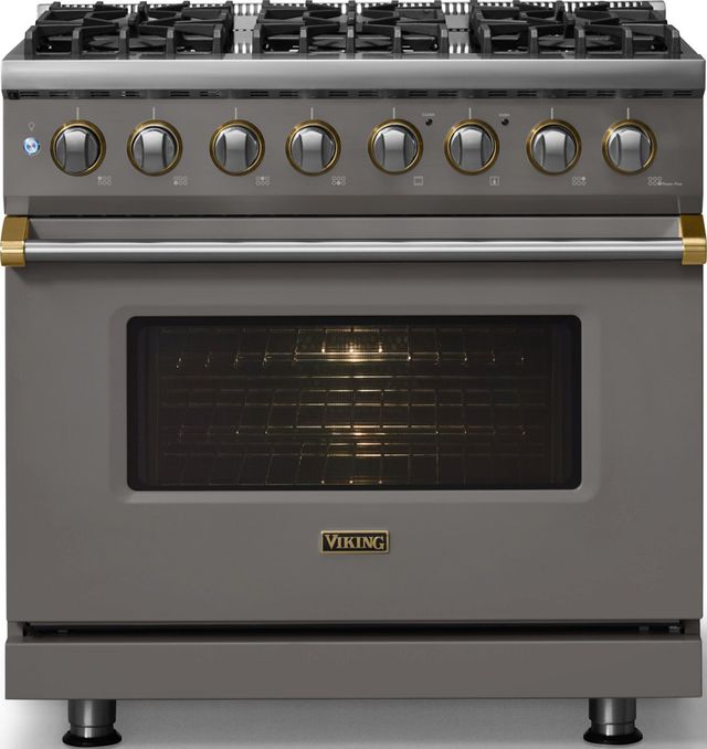 Viking® 5 Series 36" Damascus Gray Pro Style Dual Fuel (LP) Range with Brushed Brass Trim-2