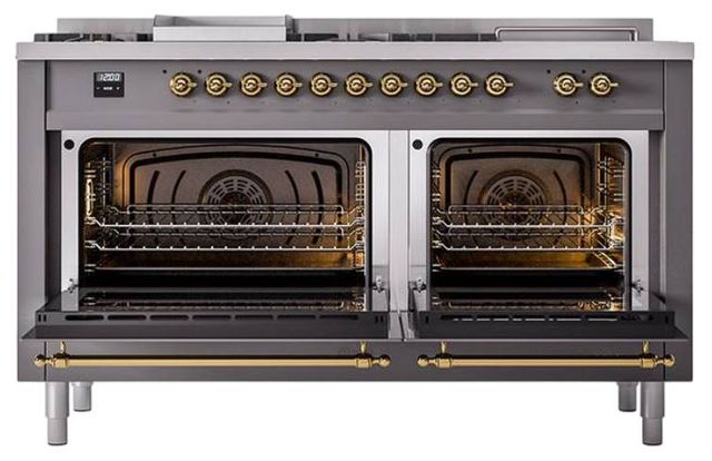 Ilve® Nostalgie II Noblesse 60'' Graphite Matte Pro Style Dual Fuel Range with Brass Trim-1