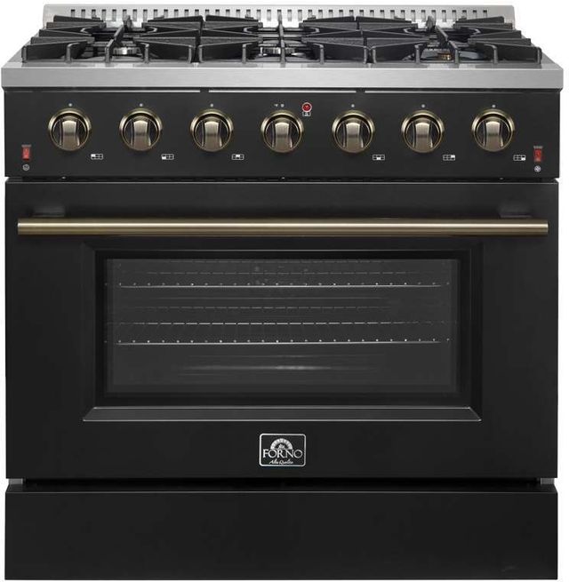 FORNO® Galiano 36" Stainless Steel Pro Style Gas Range with Black Door and Antique Brass Accents-0